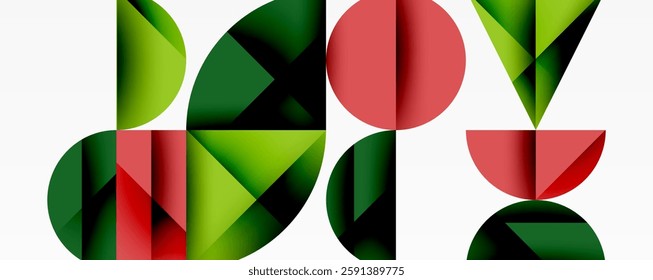 Abstract geometric background with layered gradient shapes forming dynamic patterns. Overlapping semi circles and triangles create depth and contrast