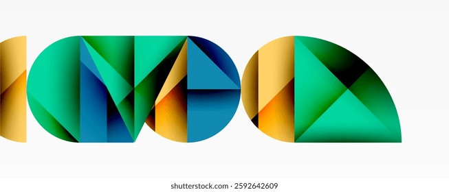 Abstract geometric background with layered gradient shapes forming dynamic patterns. Overlapping semi circles and triangles create depth and contrast