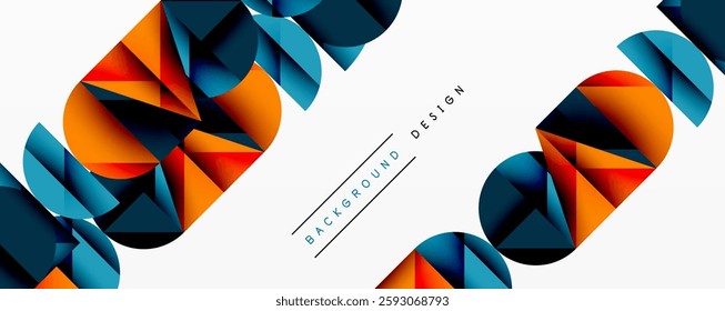 Abstract geometric background with layered gradient shapes forming dynamic patterns. Overlapping semi circles and triangles create depth and contrast