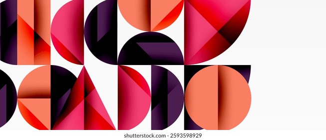 Abstract geometric background with layered gradient shapes forming dynamic patterns. Overlapping semi circles and triangles create depth and contrast
