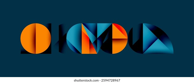 Abstract geometric background with layered gradient shapes forming dynamic patterns. Overlapping semi circles and triangles create depth and contrast