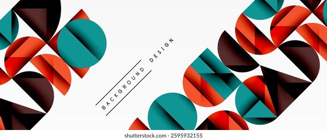 Abstract geometric background with layered gradient shapes forming dynamic patterns. Overlapping semi circles and triangles create depth and contrast