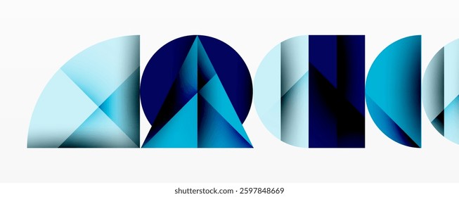 Abstract geometric background with layered gradient shapes forming dynamic patterns. Overlapping semi circles and triangles create depth and contrast