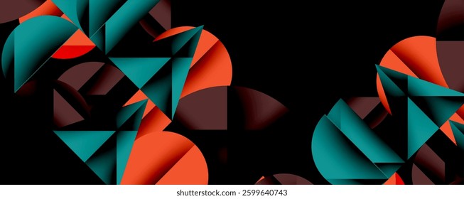 Abstract geometric background with layered gradient shapes forming dynamic patterns. Overlapping semi circles and triangles create depth and contrast