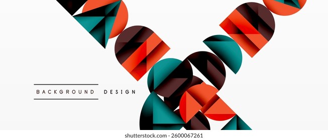 Abstract geometric background with layered gradient shapes forming dynamic patterns. Overlapping semi circles and triangles create depth and contrast