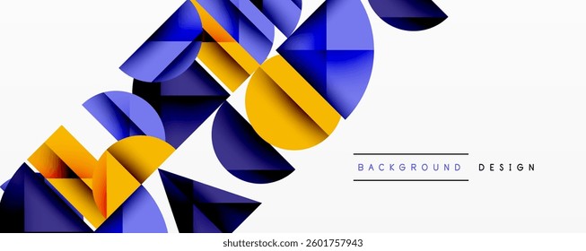 Abstract geometric background with layered gradient shapes forming dynamic patterns. Overlapping semi circles and triangles create depth and contrast