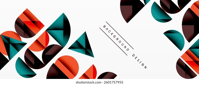 Abstract geometric background with layered gradient shapes forming dynamic patterns. Overlapping semi circles and triangles create depth and contrast