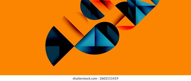 Abstract geometric background with layered gradient shapes forming dynamic patterns. Overlapping semi circles and triangles create depth and contrast