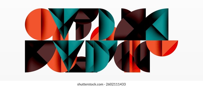 Abstract geometric background with layered gradient shapes forming dynamic patterns. Overlapping semi circles and triangles create depth and contrast