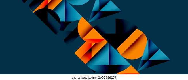 Abstract geometric background with layered gradient shapes forming dynamic patterns. Overlapping semi circles and triangles create depth and contrast