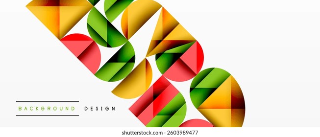 Abstract geometric background with layered gradient shapes forming dynamic patterns. Overlapping semi circles and triangles create depth and contrast