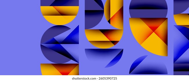 Abstract geometric background with layered gradient shapes forming dynamic patterns. Overlapping semi circles and triangles create depth and contrast