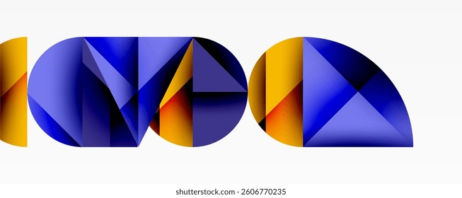 Abstract geometric background with layered gradient shapes forming dynamic patterns. Overlapping semi circles and triangles create depth and contrast
