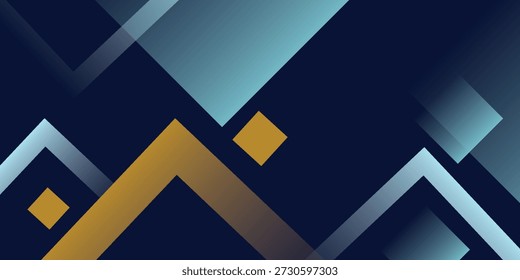 Abstrakter geometrischer Hintergrund mit geschichteten Quadraten und Zickzackformen in marineblauen, türkisen, goldenen Farben, weicher Transparenz und Farbverläufen für einen modernen, eleganten und technisch inspirierten Look.
