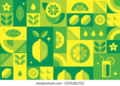 Abstract geometric background with lemons. Modern seamless pattern with citrus fruits, leaves and fresh drinks.Summer botanical vector illustration. Bauhaus design.Set of icons in simple flat style. 