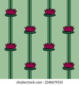 Abstract geometric background with line and lotus flower. Vintage wallpaper or bed linen print with lily. Green geometrical backdrop. Website banner concept. Tablecloth, fabric print.