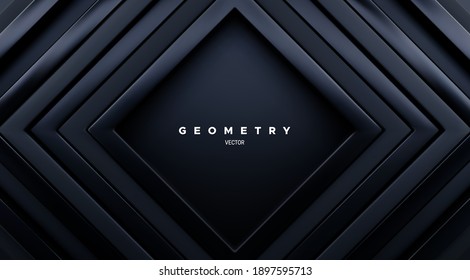 Abstract geometric background. Luxury glossy black square frames. Vector 3d illustration. Concentric rectangle shapes. Elegant cover design