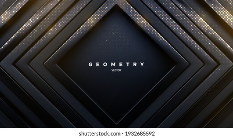 Abstract geometric background. Luxury glossy black square frames with golden glitters. Vector 3d illustration. Concentric rectangle shapes. Elegant cover design