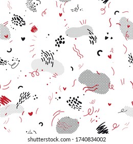Abstract geometric background in Memphis style. Vector seamless pattern with hand drawn, doodle elements and raster effect. Design for fabric poster, card, invitation, placard, brochure, flyer, web.