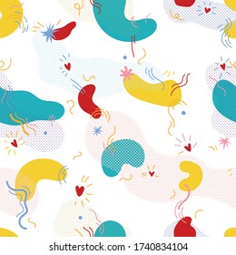 Abstract geometric background in Memphis style. Vector seamless pattern with hand drawn elements and raster effect. Bright colors. Design for poster, card, invitation, placard, brochure, flyer, web.