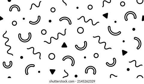 Fondo geométrico abstracto. Patrón sin fisuras del estilo Memphis. Plantilla de diseño de fondo. Silueta negra aislada sobre fondo blanco. Ilustración del vector