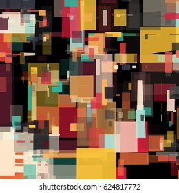 Abstract geometric background with messy rectangle elements. Colorful squares on black backdrop