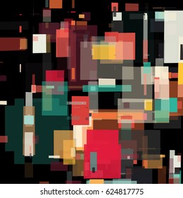 Abstract geometric background with messy rectangle elements. Colorful squares on black backdrop
