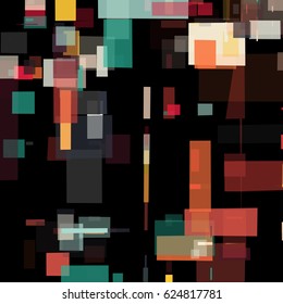 Abstract geometric background with messy rectangle elements. Colorful squares on black backdrop