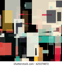 Abstract geometric background with messy rectangle elements. Colorful squares on black backdrop