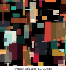 Abstract geometric background with messy rectangle elements. Colorful squares on black backdrop