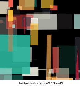 Abstract geometric background with messy rectangle elements. Colorful squares on black backdrop