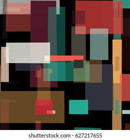 Abstract geometric background with messy rectangle elements. Colorful squares on black backdrop