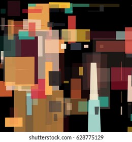 Abstract geometric background with messy rectangle elements. Colorful squares on black backdrop