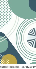 Abstract geometric background with a modern, minimalist design featuring overlapping circles, polka dots, and curved lines in muted teal, navy, and mustard yellow tones.