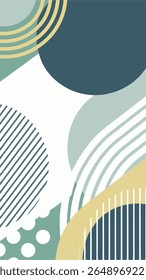 Abstract geometric background with a modern, minimalist design featuring overlapping shapes, stripes, and polka dots in a muted color palette of teal, navy, and cream.