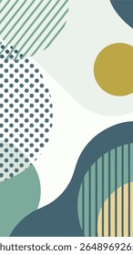 Abstract geometric background with a modern, minimalist design featuring soft curves, polka dots, and diagonal stripes in a muted color palette of teal, mustard, and off-white.