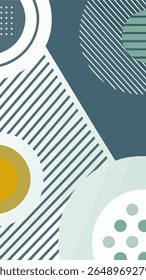 Abstract geometric background with a modern, minimalist design featuring circles, stripes, and a muted color palette of teal, cream, and mustard yellow.
