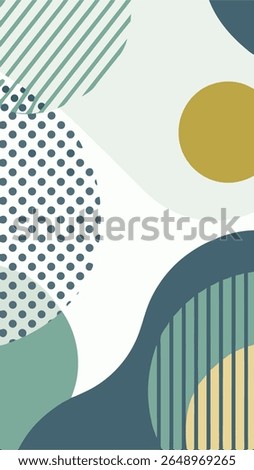 Abstract geometric background with a modern, minimalist design featuring soft curves, polka dots, and diagonal stripes in a muted color palette of teal, mustard, and off-white.