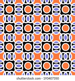 Abstract, geometric background, modern seamless pattern, wrapping paper, 60s, 70s fashion style, black, orange and violet colors, trendy fabric, simple ornaments, template, layout for design
