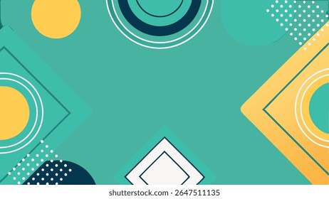 Abstract geometric background with modern shapes, circles, and squares in teal, yellow, and blue. Perfect for presentations, banners, or web design.