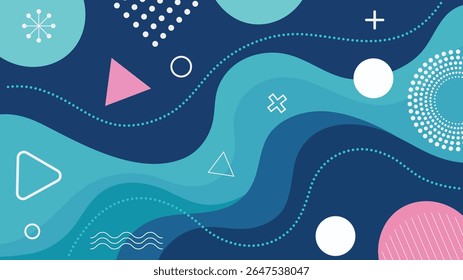Abstract geometric background with modern shapes and wavy lines in blue tones