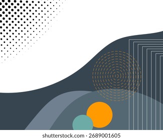 Abstract geometric background with modern shapes, circles, waves, and lines in gray, orange, and teal colors. Minimalist vector design suitable for posters, templates, covers, and contemporary digital