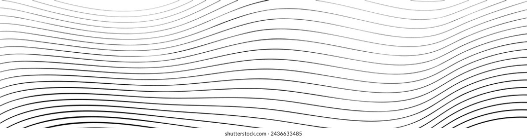 Abstract geometric background with monochrome water surface texture. Striped waves drawn in ink. Vector illustration of diagonal curved lines. Black wavy lines that go from thin to thick.