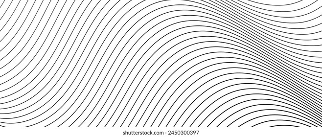 Abstract geometric background with monochrome water surface texture. Pattern with striped swirl waves drawn in ink. Vector illustration of diagonal curved lines. Wallpaper with black wavy lines.