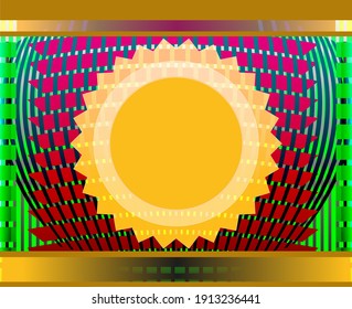 Abstract geometric background.
Multicolor, rectangular image with a complex volumetric circle structure in the center.