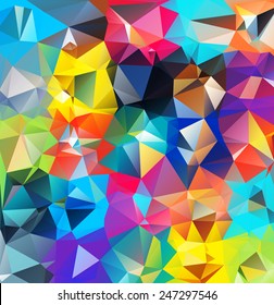 Abstract geometric background. Multicolored triangles. Beautiful inscription. Triangle background with bright lines. Pattern of crystal geometric shapes. Multicolor mosaic banner