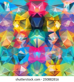 Abstract geometric background. Multicolored triangles. Beautiful inscription. Triangle background with bright lines. Pattern of crystal geometric shapes. Multicolor mosaic banner