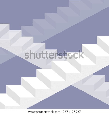 Abstract geometric background with multiple staircases in an impossible structure style. Escher-inspired optical illusion design in pastel purple and white tones. Modern vector illustration for creati