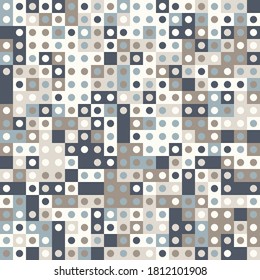 Abstract geometric background in neutral colors. Seamless vector pattern. Brown taupe, navy blue and teal natural colors. Fashion fabric patchwork design. Simple geometry circles and dots