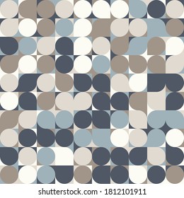 Abstract geometric background in neutral colors. Seamless vector pattern. Brown taupe, navy blue and teal natural colors. Fashion fabric patchwork design. Simple geometry circles and dots